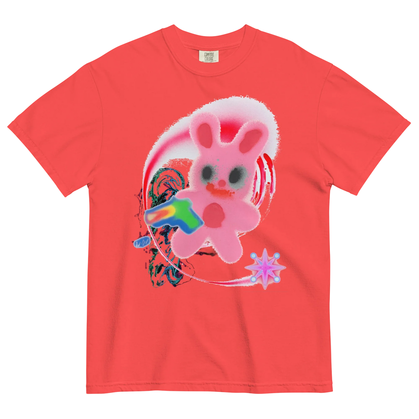 Red t-shirt with a colorful graphic of a pink bunny & abstract details