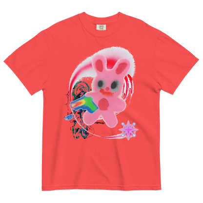 Red t-shirt with a colorful graphic of a pink bunny & abstract details