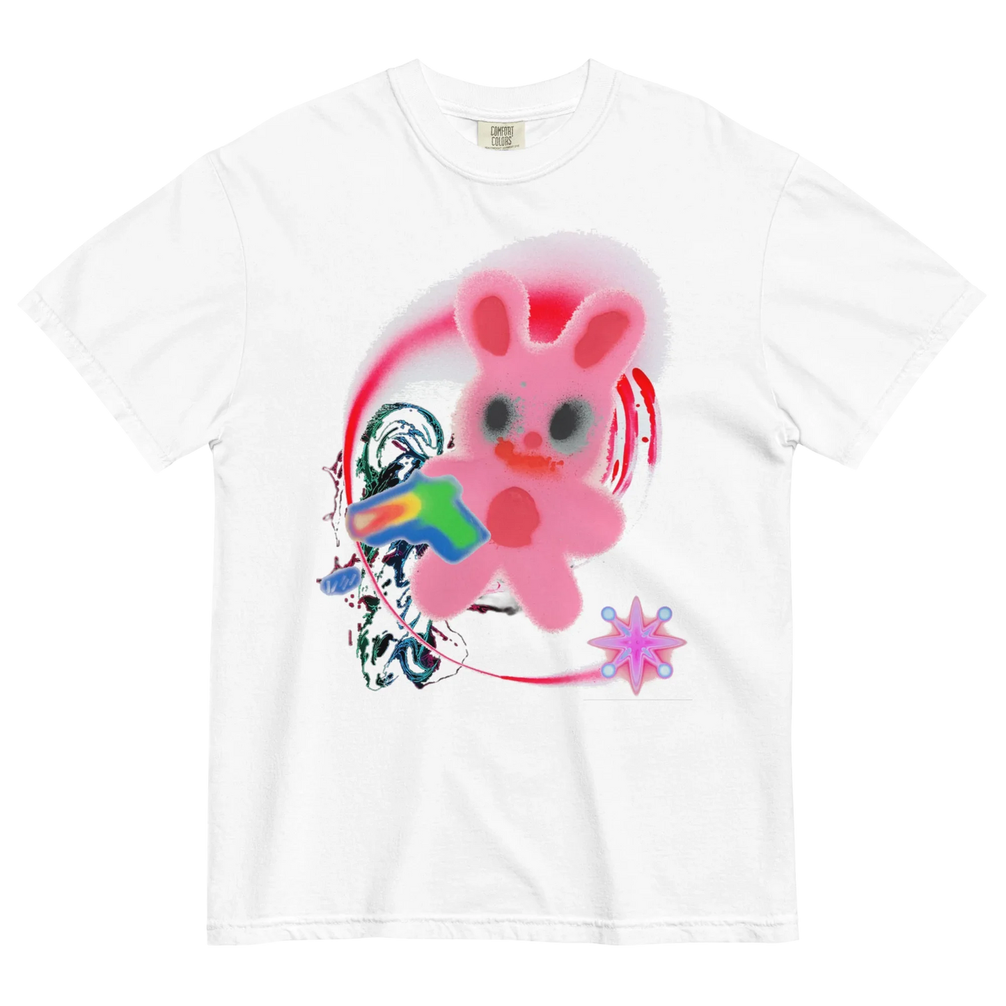 White t-shirt with a colorful graphic of a pink bunny & abstract details.