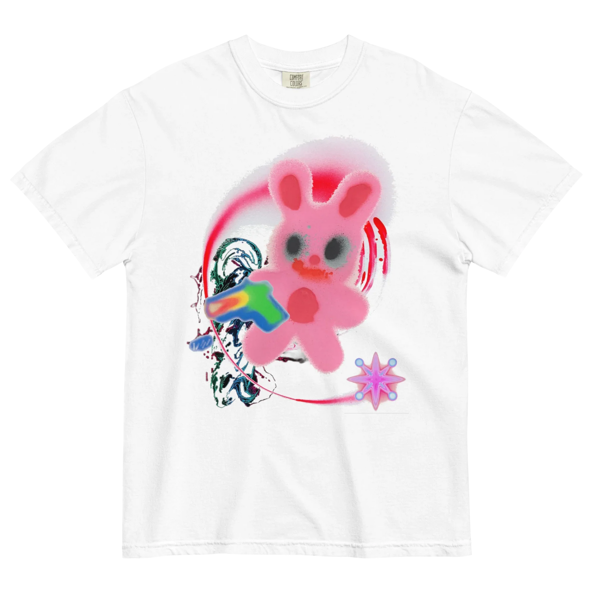 White t-shirt with a colorful graphic of a pink bunny & abstract details.