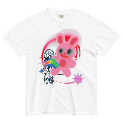 White t-shirt with a colorful graphic of a pink bunny & abstract details.