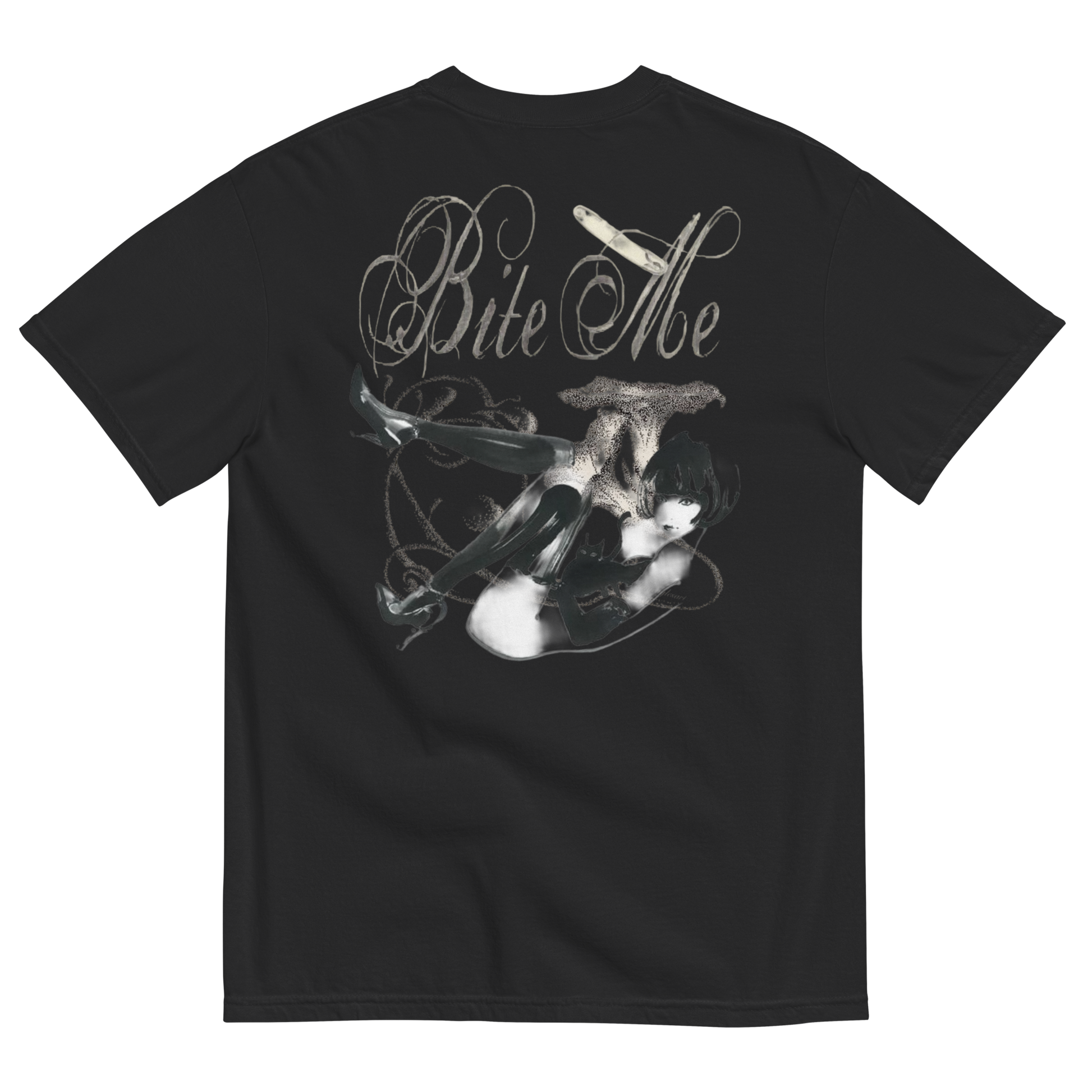 A black short-sleeve t-shirt shown from the back, featuring a large graphic print of a cat wearing a sombrero and holding a cigarette, with the text 'Bite Me' in a stylized font above it.