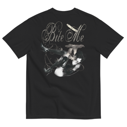 A black short-sleeve t-shirt shown from the back, featuring a large graphic print of a cat wearing a sombrero and holding a cigarette, with the text 'Bite Me' in a stylized font above it.