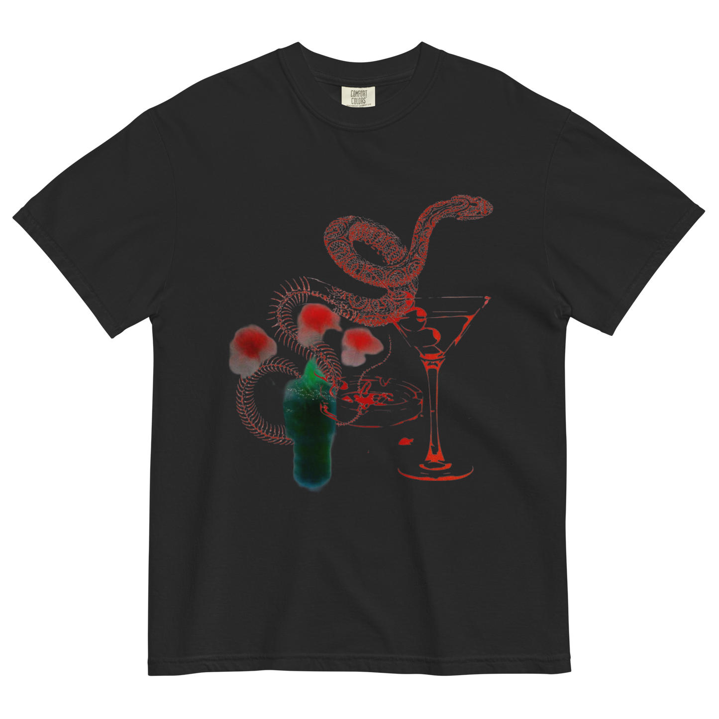 A black short-sleeve crewneck t-shirt featuring a graphic print of a red snake, red mushrooms, and a green cocktail bottle on a white background.
