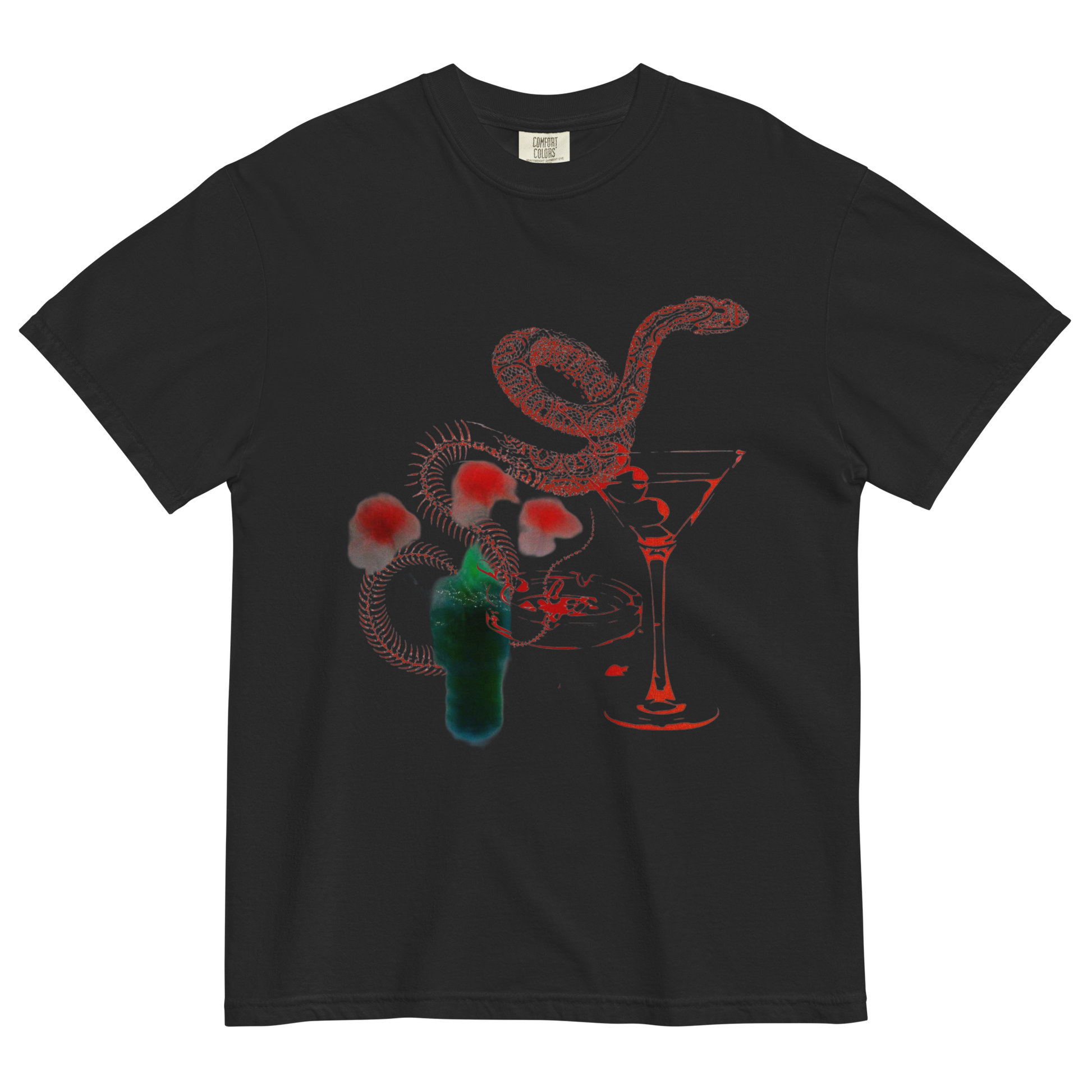 A black short-sleeve crewneck t-shirt featuring a graphic print of a red snake, red mushrooms, and a green cocktail bottle on a white background.