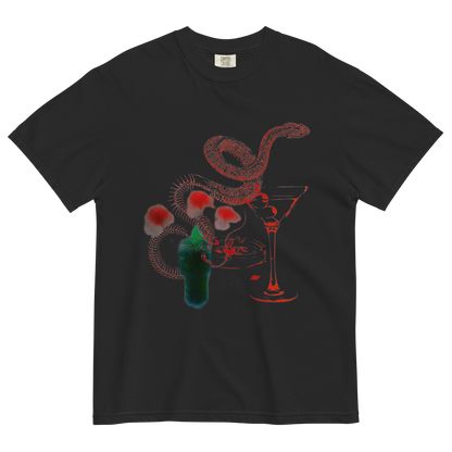 A black short-sleeve crewneck t-shirt featuring a graphic print of a red snake, red mushrooms, and a green cocktail bottle on a white background.