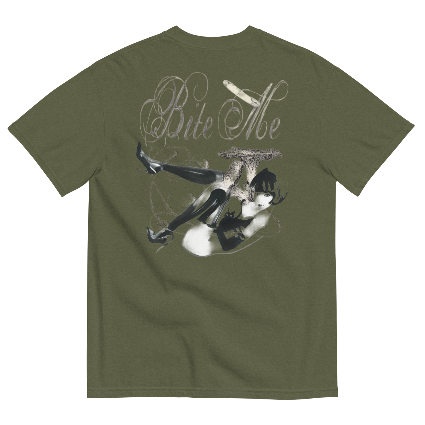 An olive green short-sleeve t-shirt shown from the back, featuring a large graphic print of a woman in black thigh-high stockings and a cat on her back with the text 'Bite Me' in a stylized font.