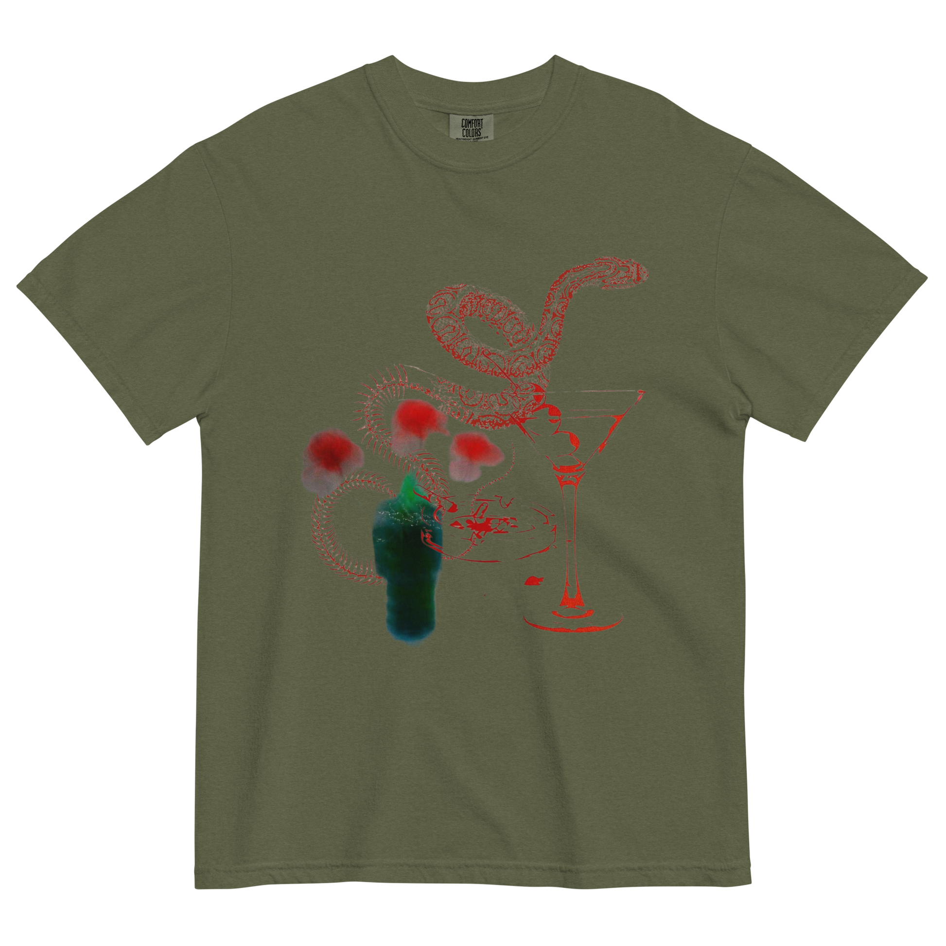 An olive green short-sleeve t-shirt with a graphic print on the front featuring a red snake, red flowers, and a martini glass.