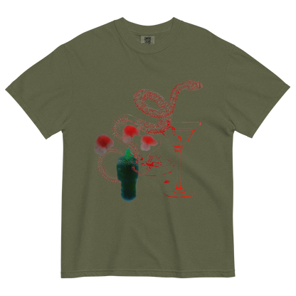 An olive green short-sleeve t-shirt with a graphic print on the front featuring a red snake, red flowers, and a martini glass.