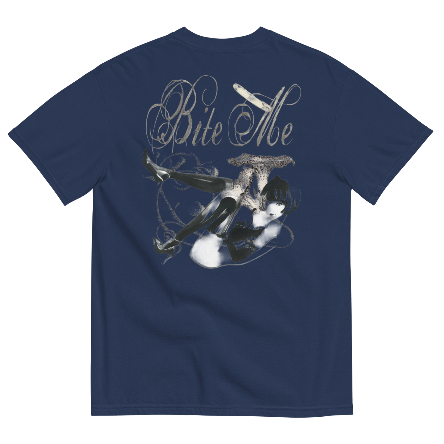 A navy blue short-sleeve t-shirt shown from the back, featuring a large graphic print of a woman in a black dress with a cigarette holder and the text 'Bite Me' in a stylized white font.