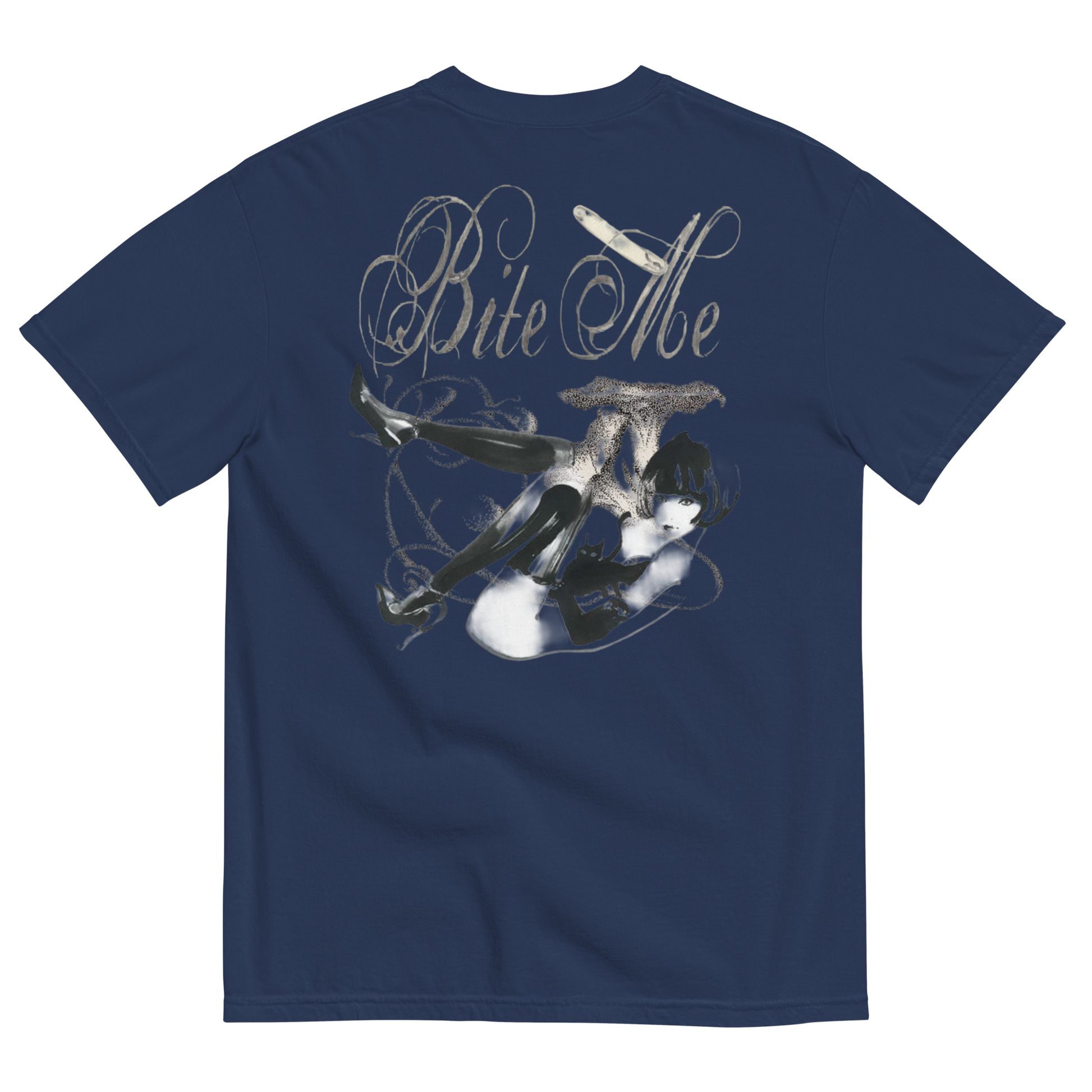 A navy blue short-sleeve t-shirt shown from the back, featuring a large graphic print of a woman in a black dress with a cigarette holder and the text 'Bite Me' in a stylized white font.