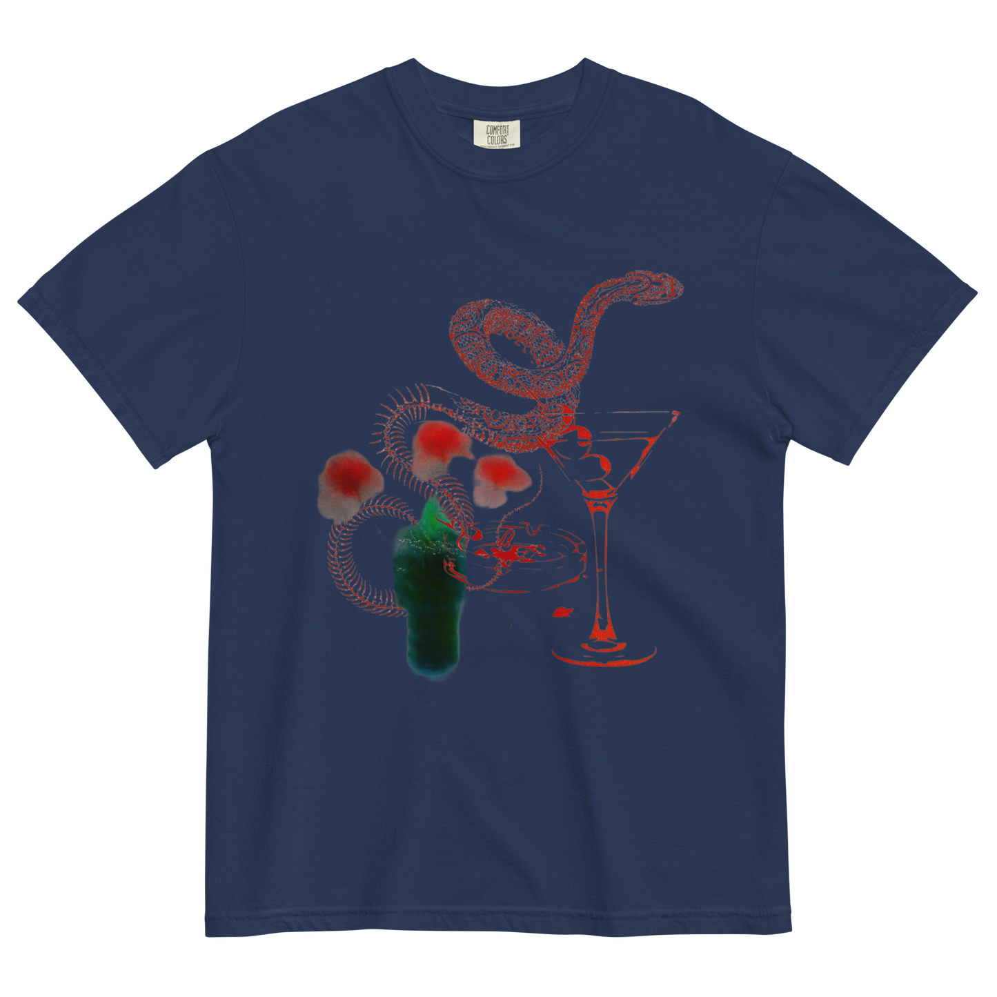A navy blue short-sleeve t-shirt with a graphic print on the front featuring a red snake, a martini glass, red mushrooms, and a green bottle, displayed against a plain white background.