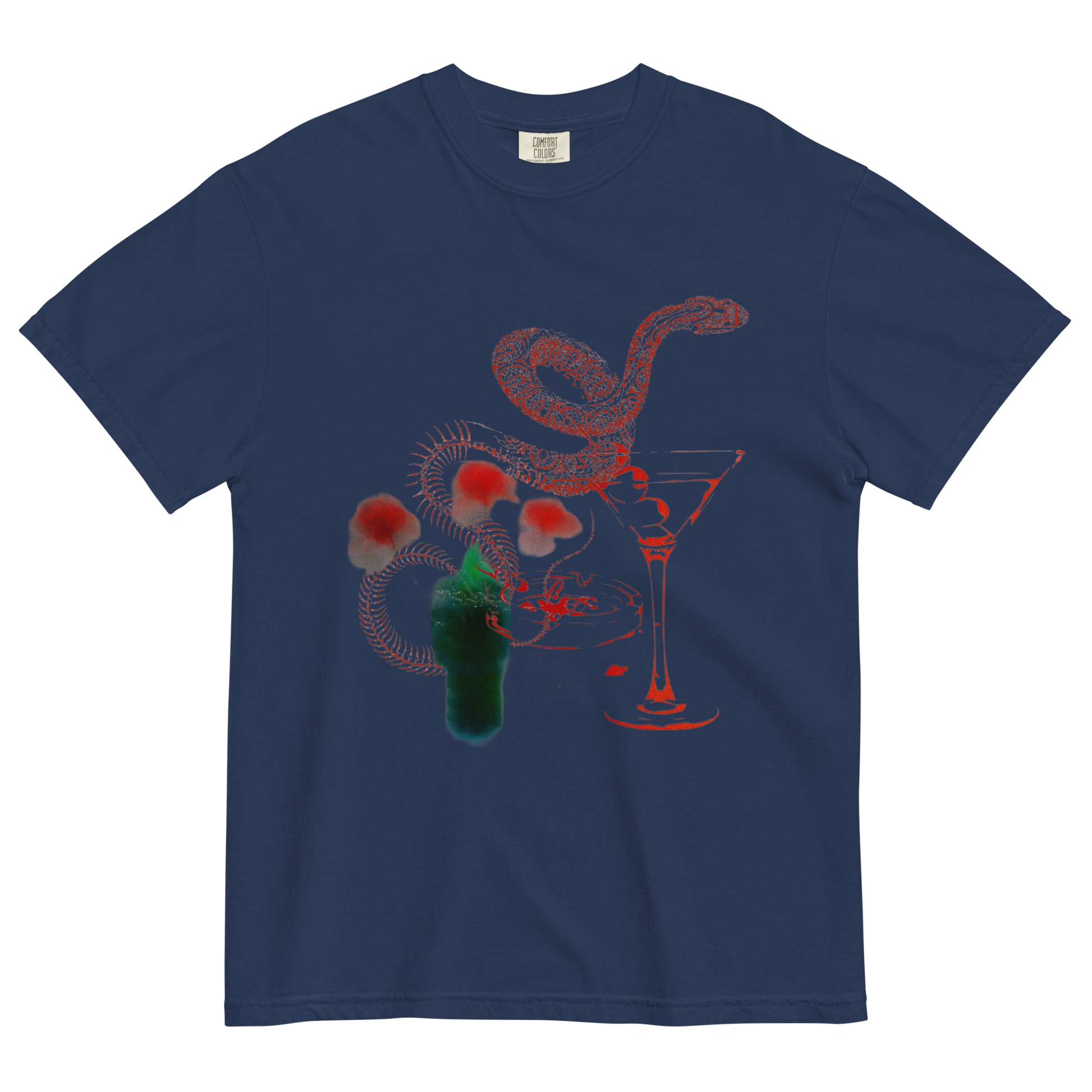 A navy blue short-sleeve t-shirt with a graphic print on the front featuring a red snake, a martini glass, red mushrooms, and a green bottle, displayed against a plain white background.