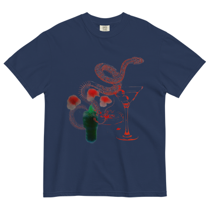 A navy blue short-sleeve t-shirt with a graphic print on the front featuring a red snake, a martini glass, red mushrooms, and a green bottle, displayed against a plain white background.