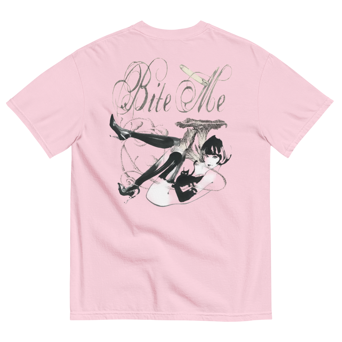 A PINK short-sleeve t-shirt shown from the back, featuring a large graphic print of a cat wearing a sombrero and holding a cigarette, with the text 'Bite Me' in a stylized font above it.