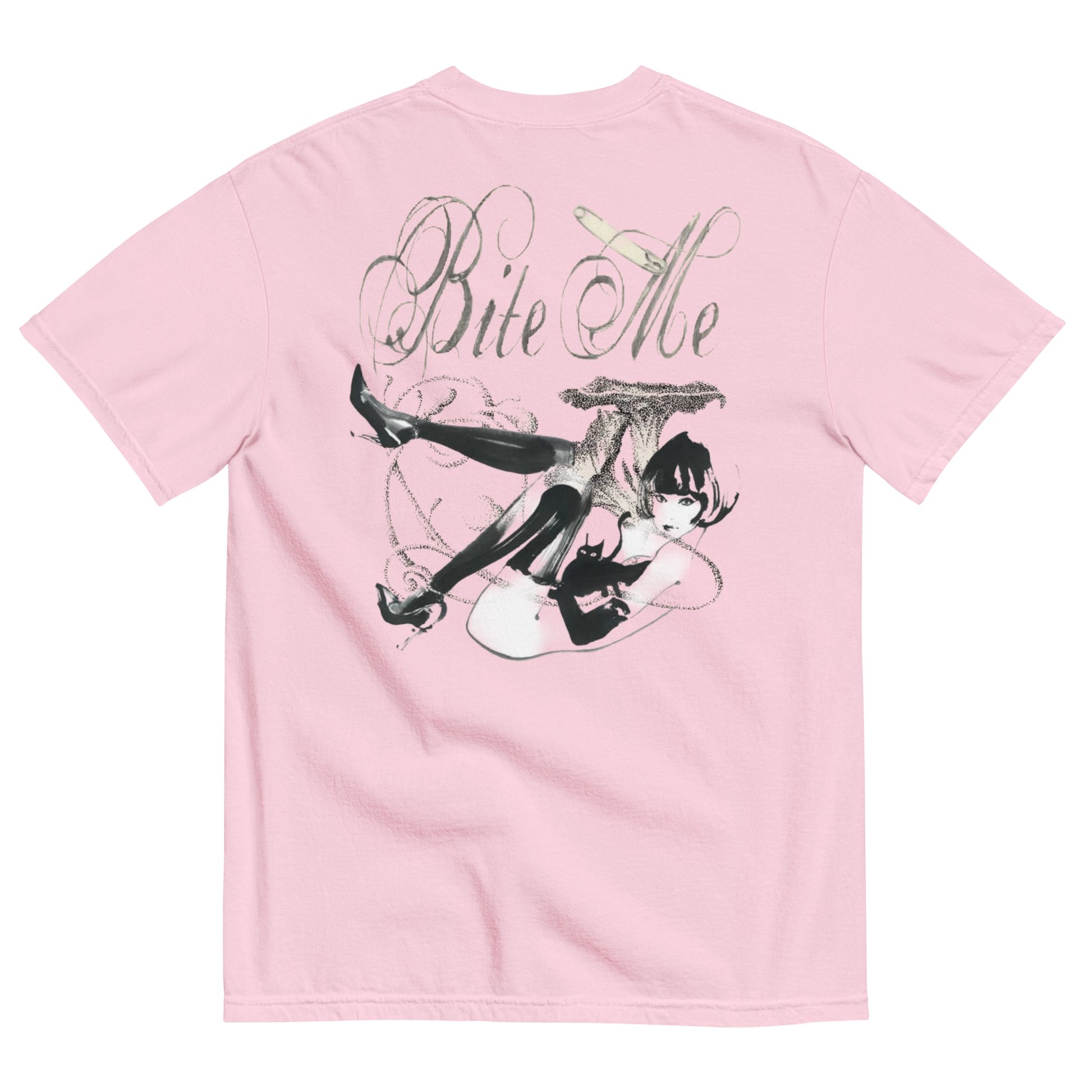 A PINK short-sleeve t-shirt shown from the back, featuring a large graphic print of a cat wearing a sombrero and holding a cigarette, with the text 'Bite Me' in a stylized font above it.