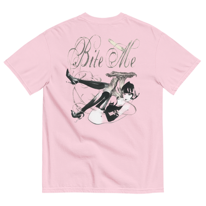 A PINK short-sleeve t-shirt shown from the back, featuring a large graphic print of a cat wearing a sombrero and holding a cigarette, with the text 'Bite Me' in a stylized font above it.