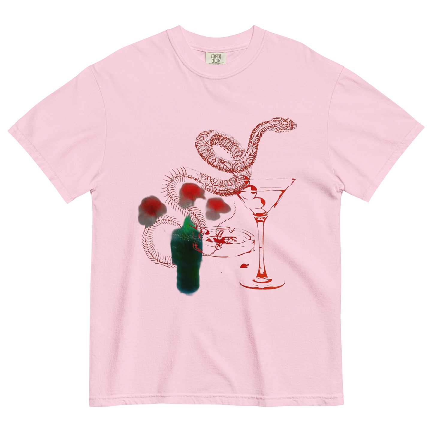 A light pink short-sleeve crewneck t-shirt featuring a graphic print of a snake, a martini glass, and a green bottle with red splatters on the front.