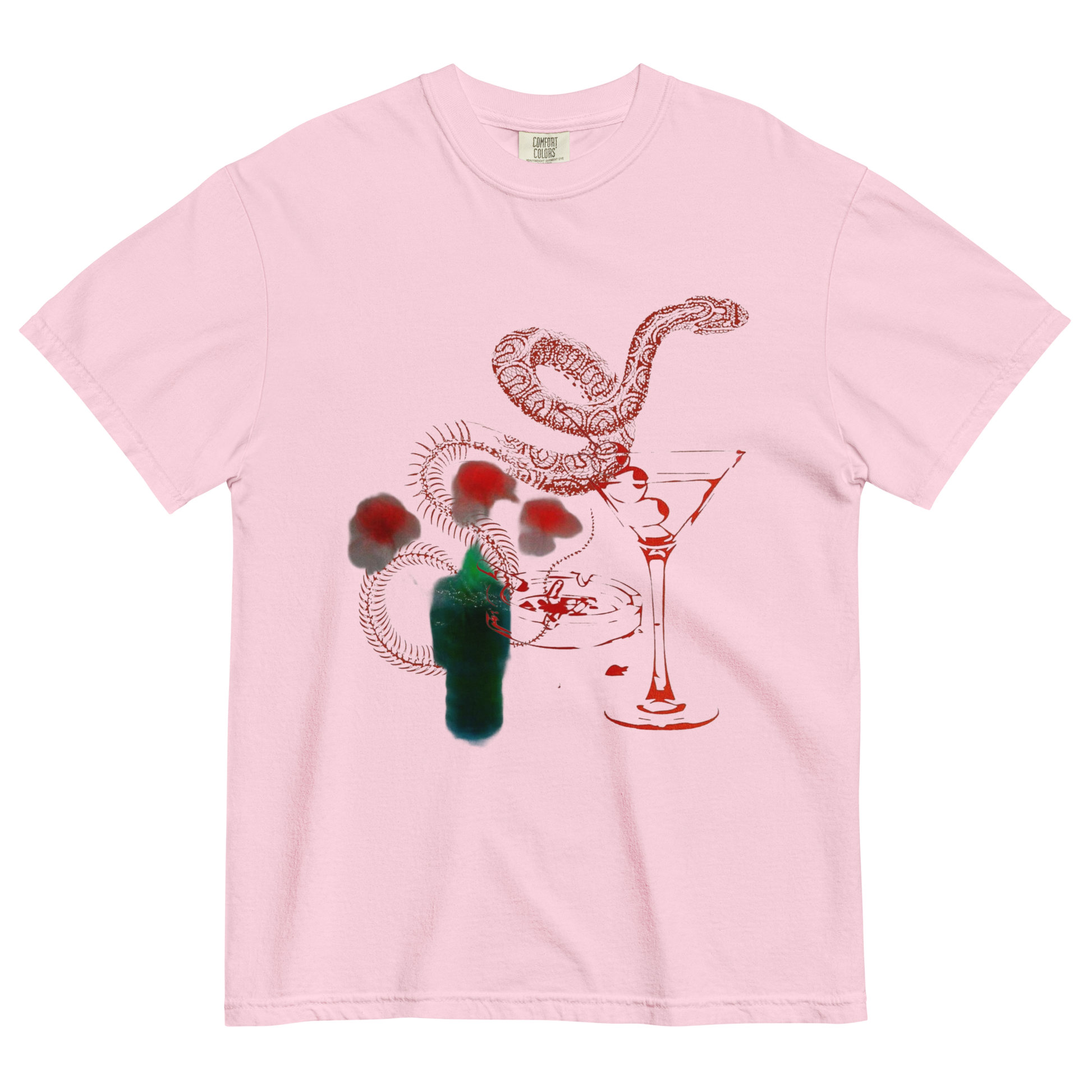 A light pink short-sleeve crewneck t-shirt featuring a graphic print of a snake, a martini glass, and a green bottle with red splatters on the front.