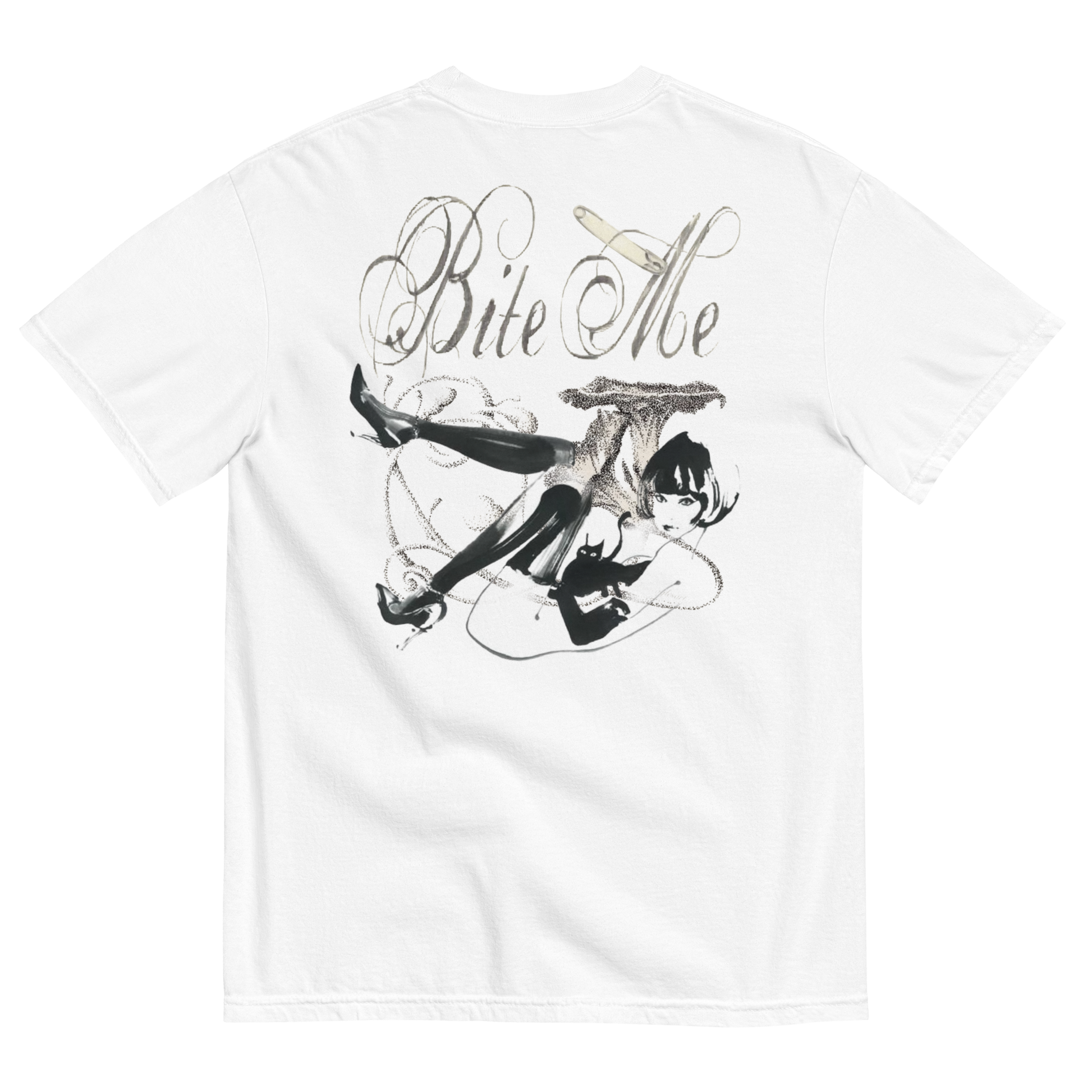 White short-sleeve t-shirt showing the back side with a large graphic print of an anime character and the text 'Bite Me' in black and gray.