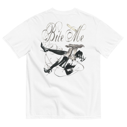 White short-sleeve t-shirt showing the back side with a large graphic print of an anime character and the text 'Bite Me' in black and gray.