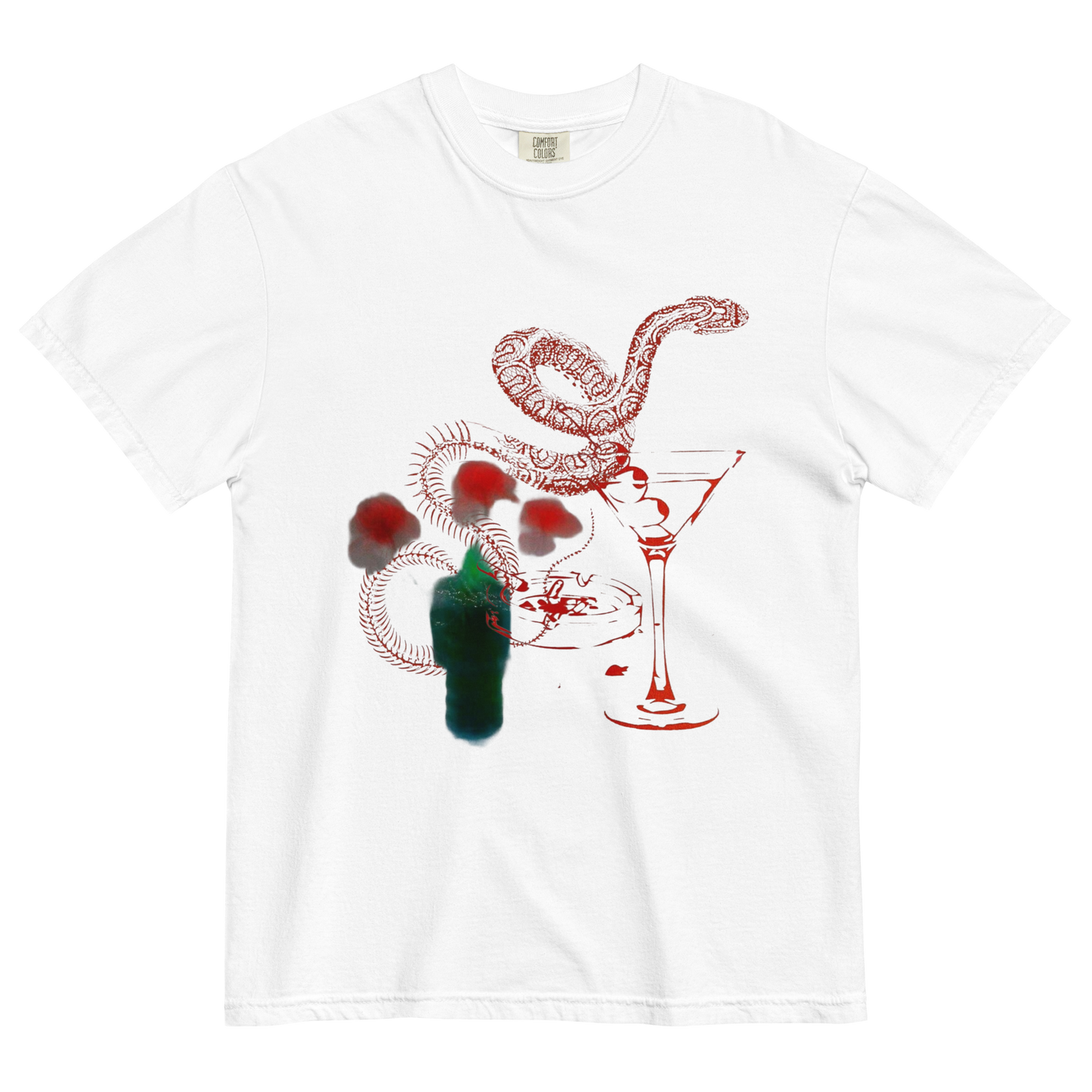 A white short-sleeve crewneck t-shirt featuring a graphic print of a red snake, a martini glass, and a green bottle with red splatters on the front.