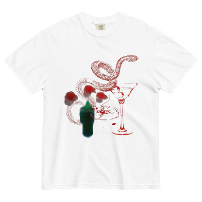 A white short-sleeve crewneck t-shirt featuring a graphic print of a red snake, a martini glass, and a green bottle with red splatters on the front.