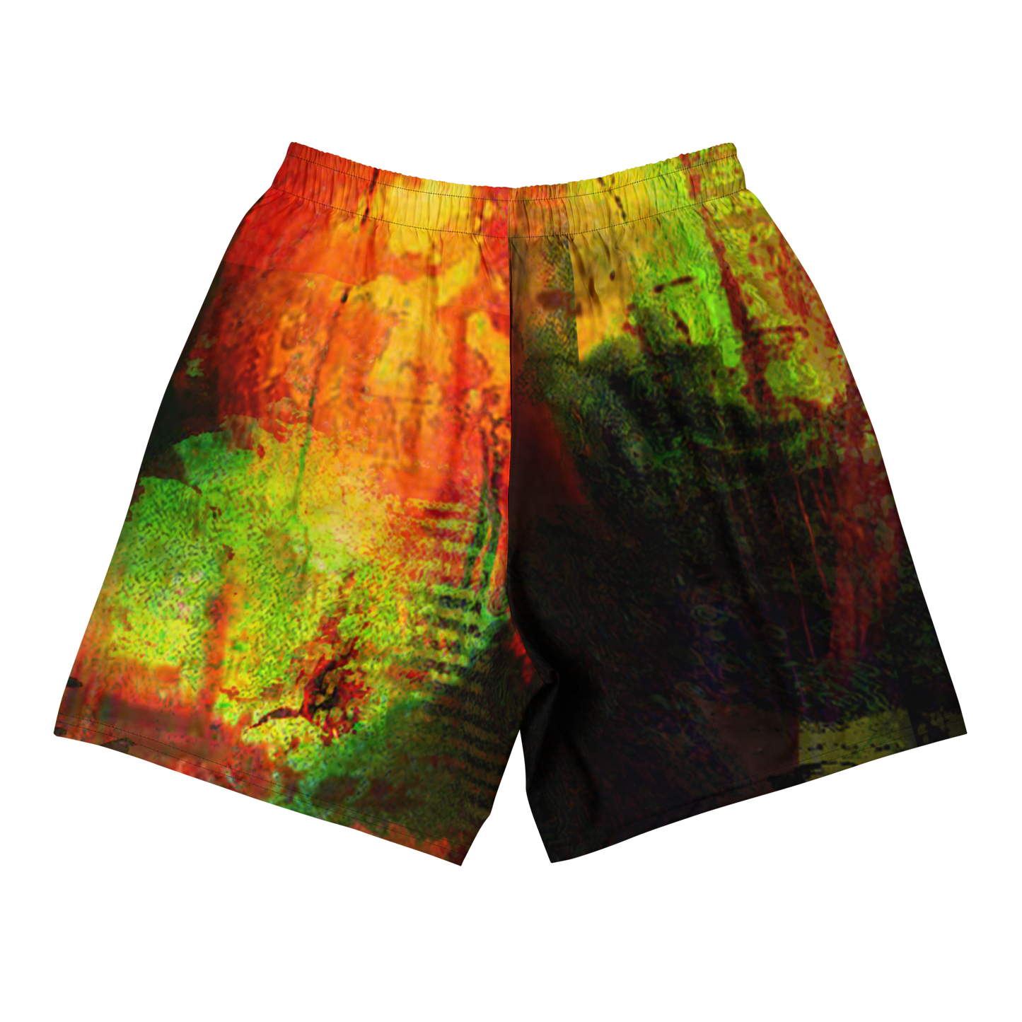A pair of athletic shorts featuring a vibrant, abstract distressed print with a split design of fiery orange and red on one side and neon green and dark black on the other, set against a plain white background.