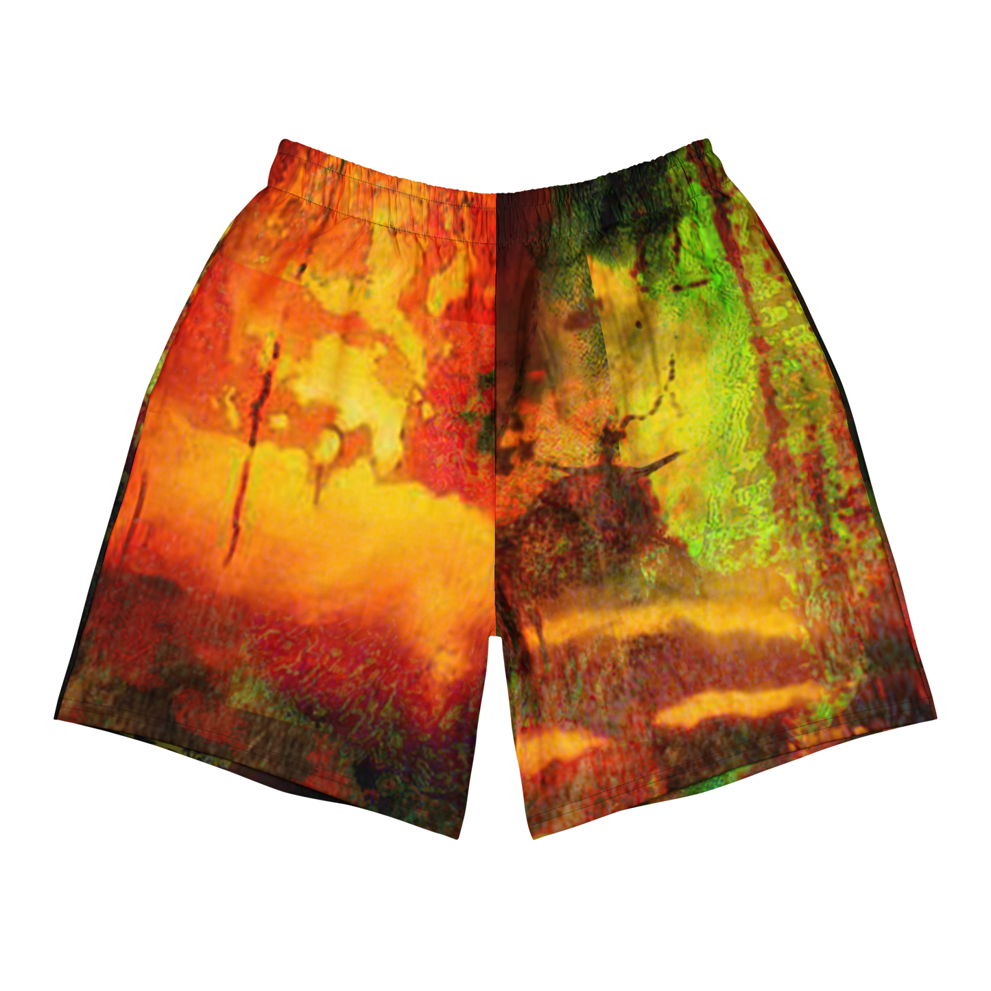 A pair of athletic shorts featuring a split-color abstract landscape print, with one side in fiery orange and yellow tones and the other in green and brown tones, set against a plain white background.