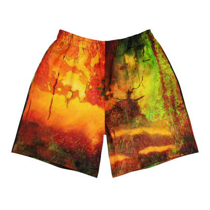 A pair of athletic shorts featuring a split-color abstract landscape print, with one side in fiery orange and yellow tones and the other in green and brown tones, set against a plain white background.