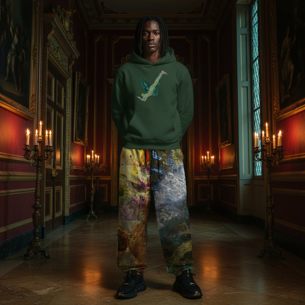 A person stands in a grand, candle-lit hallway wearing a dark green hoodie with a light blue saxophone graphic on the chest and very loose, highly colorful painterly sweatpants.