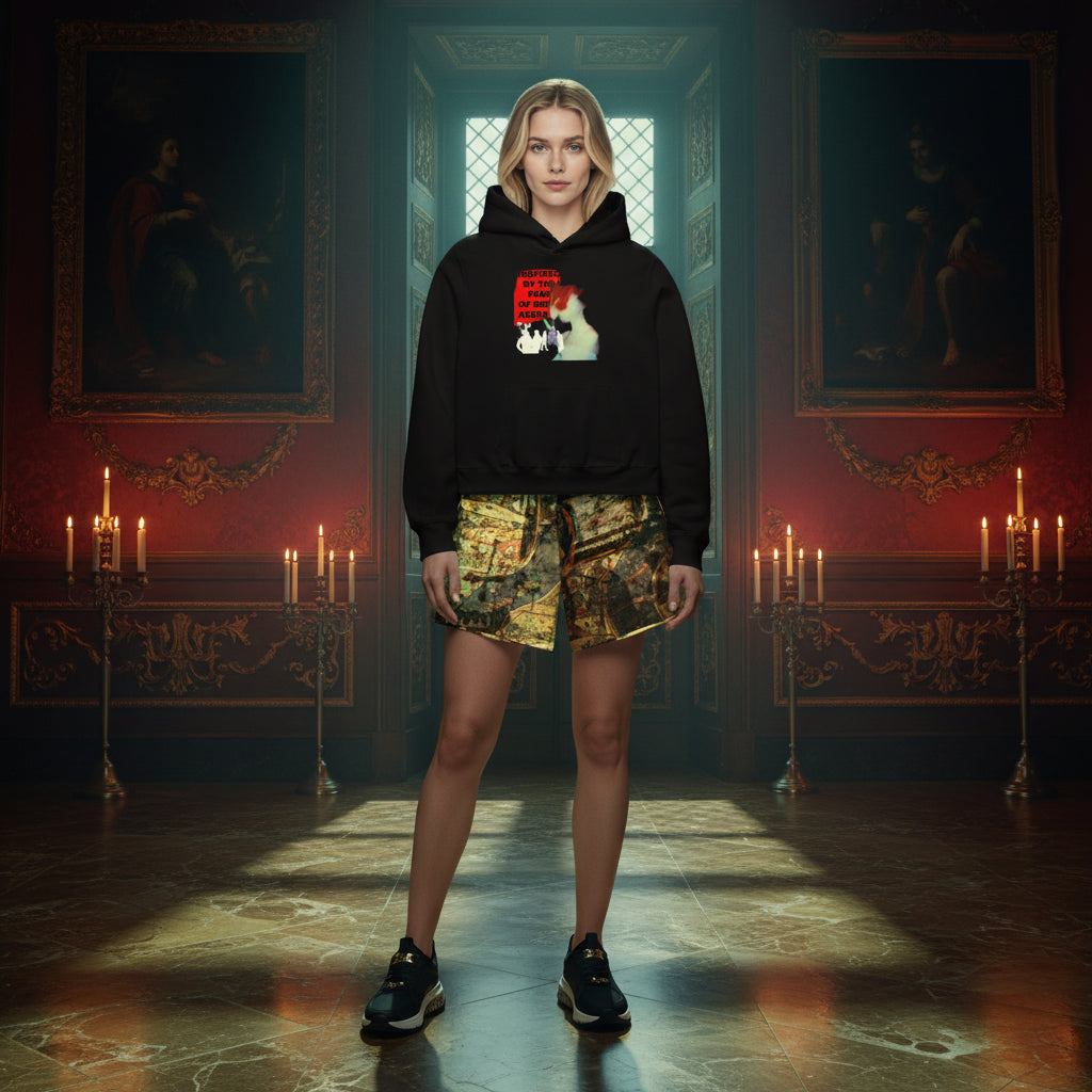 A woman stands in a grand, candle-lit room wearing a black graphic hoodie, camouflage print shorts, and black sneakers.
