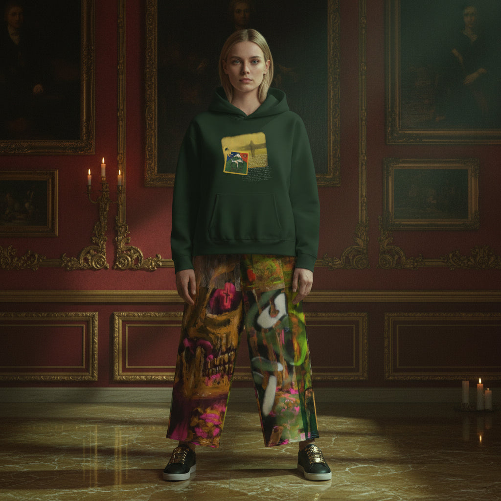 A model stands in a luxurious room with red walls and gold trim, wearing a dark green hoodie with a graphic print on the chest and wide-leg pants covered in a colorful graffiti-style pattern.