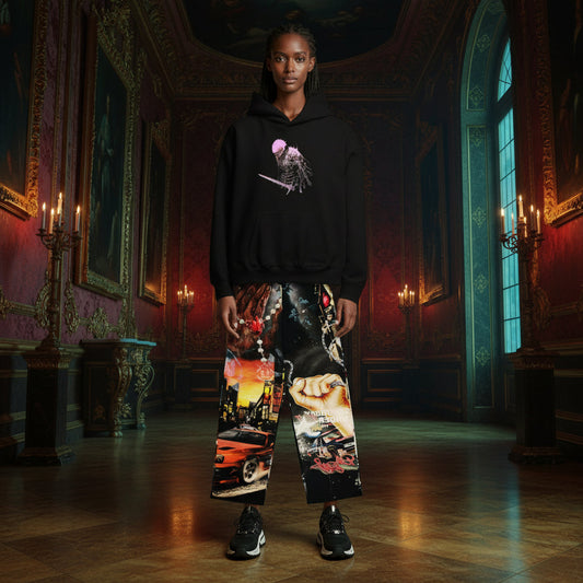 A model stands in an ornate, dimly lit red and gold palace hallway wearing a black graphic hoodie and matching graphic pants with a collage print, paired with black sneakers.