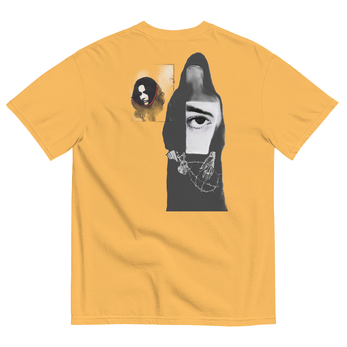 Yellow t-shirt with abstract design of ladies with misplaced faces and black and white elements 