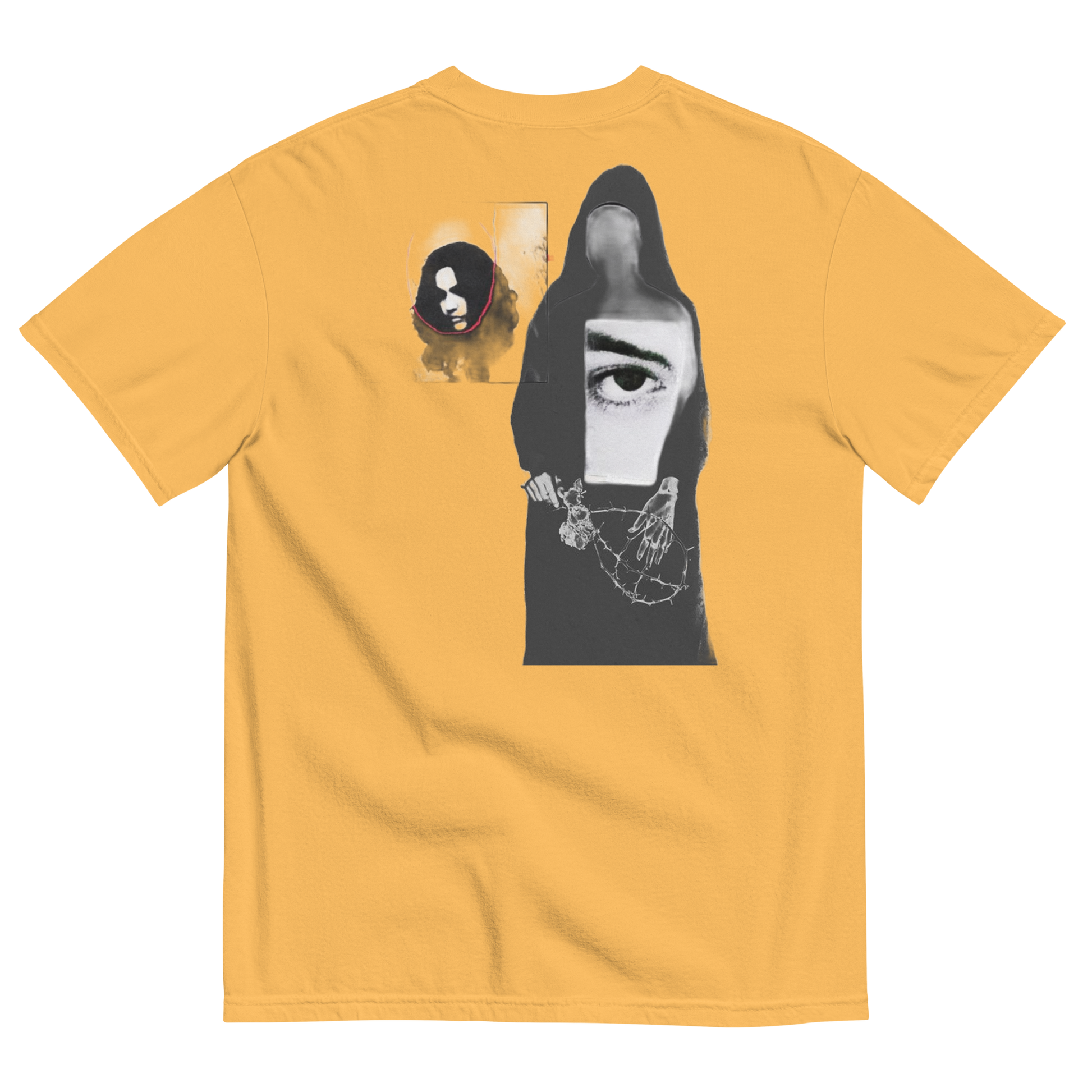 Yellow t-shirt with abstract design of ladies with misplaced faces and black and white elements 