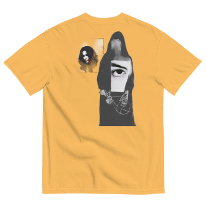 Yellow t-shirt with abstract design of ladies with misplaced faces and black and white elements 