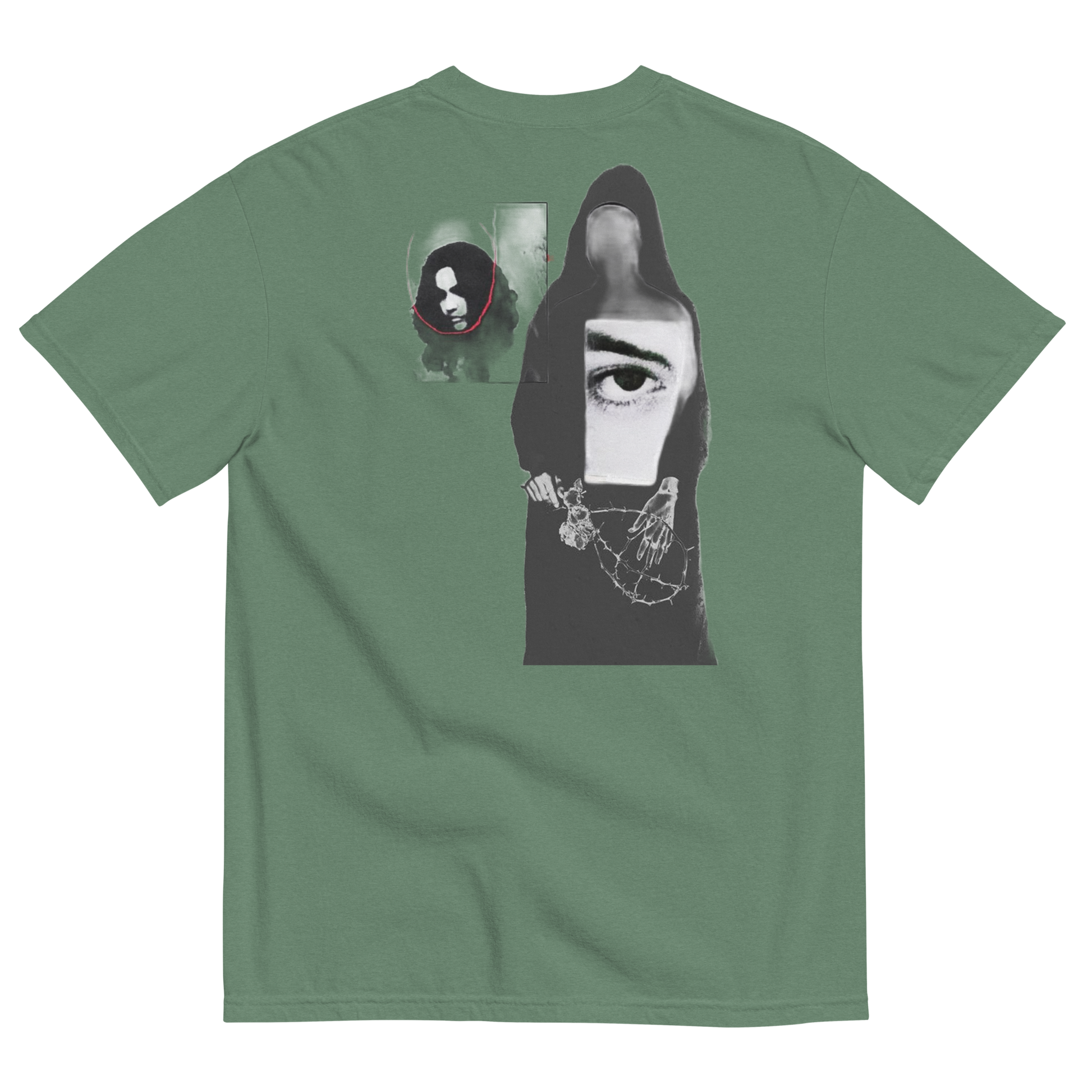 Green t-shirt with abstract design of ladies with misplaced faces and black and white elements 