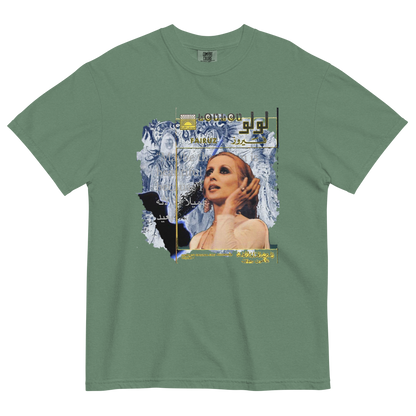 Green t-shirt with a surreal graphic design featuring a woman's face and abstract elements, texts all over