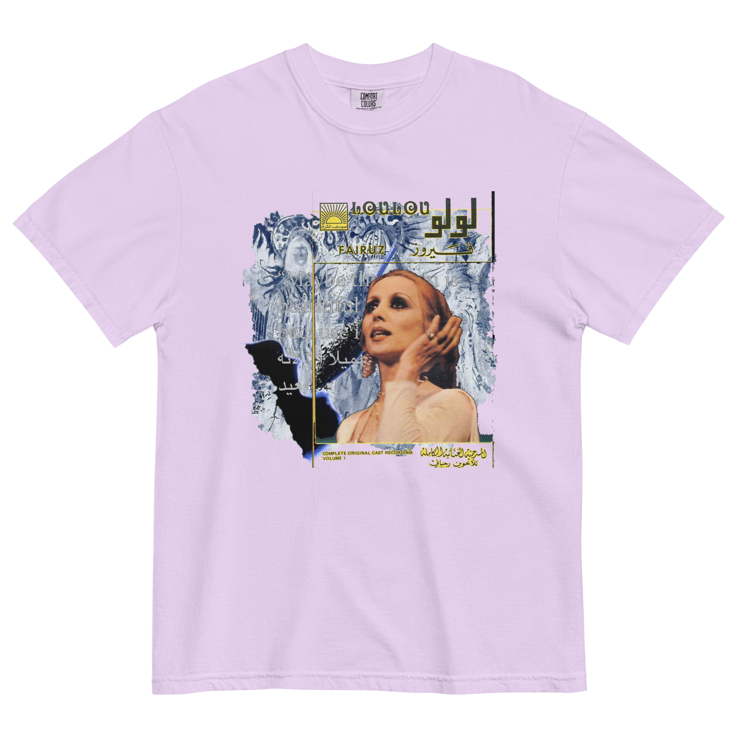 Purple t-shirt with a surreal graphic design featuring a woman's face and abstract elements, texts all over