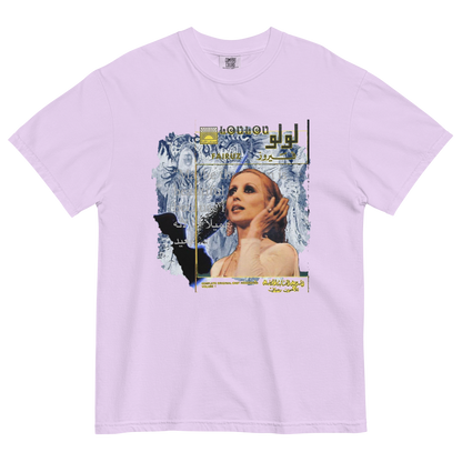 Purple t-shirt with a surreal graphic design featuring a woman's face and abstract elements, texts all over