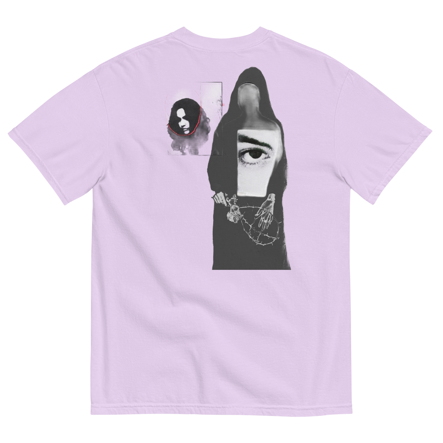 Purple t-shirt with abstract design of ladies with misplaced faces and black and white elements 