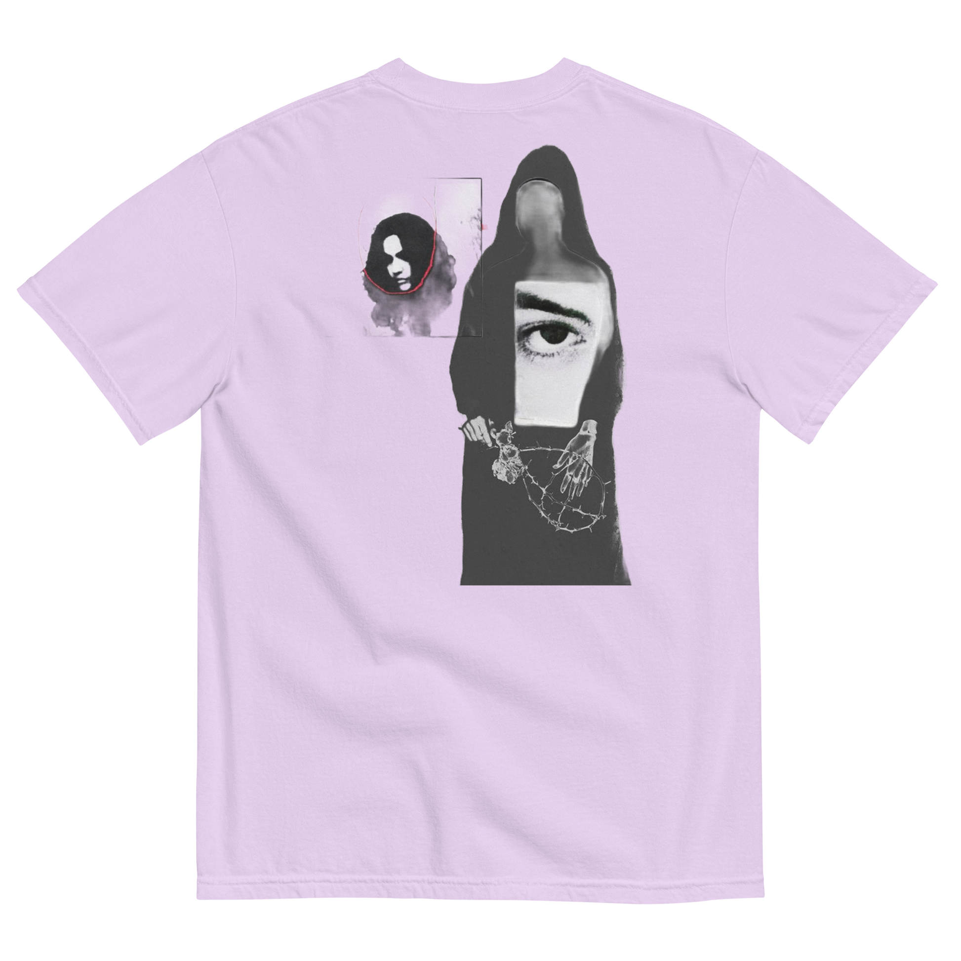 Purple t-shirt with abstract design of ladies with misplaced faces and black and white elements 