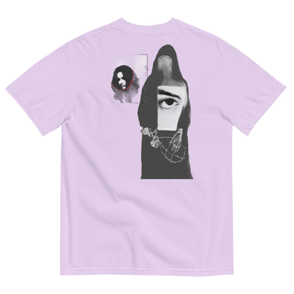 Purple t-shirt with abstract design of ladies with misplaced faces and black and white elements 