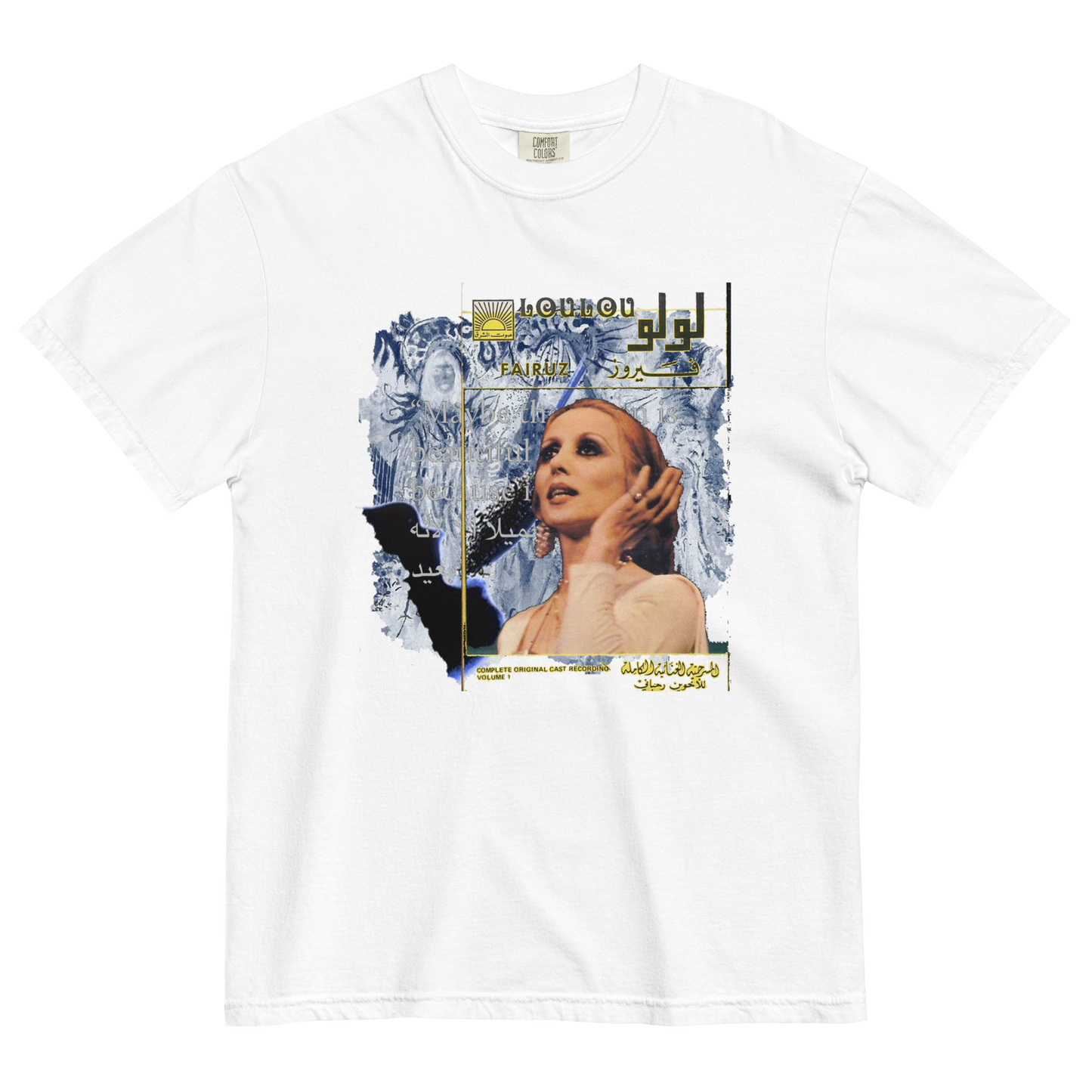 White t-shirt with a surreal graphic design featuring a woman's face and abstract elements, texts all over