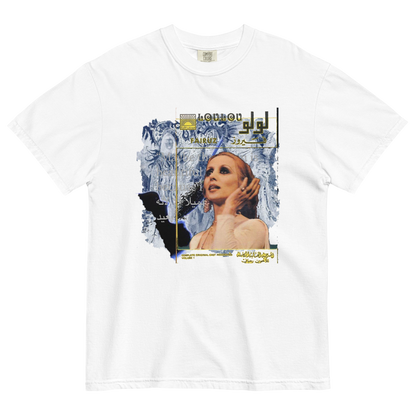White t-shirt with a surreal graphic design featuring a woman's face and abstract elements, texts all over