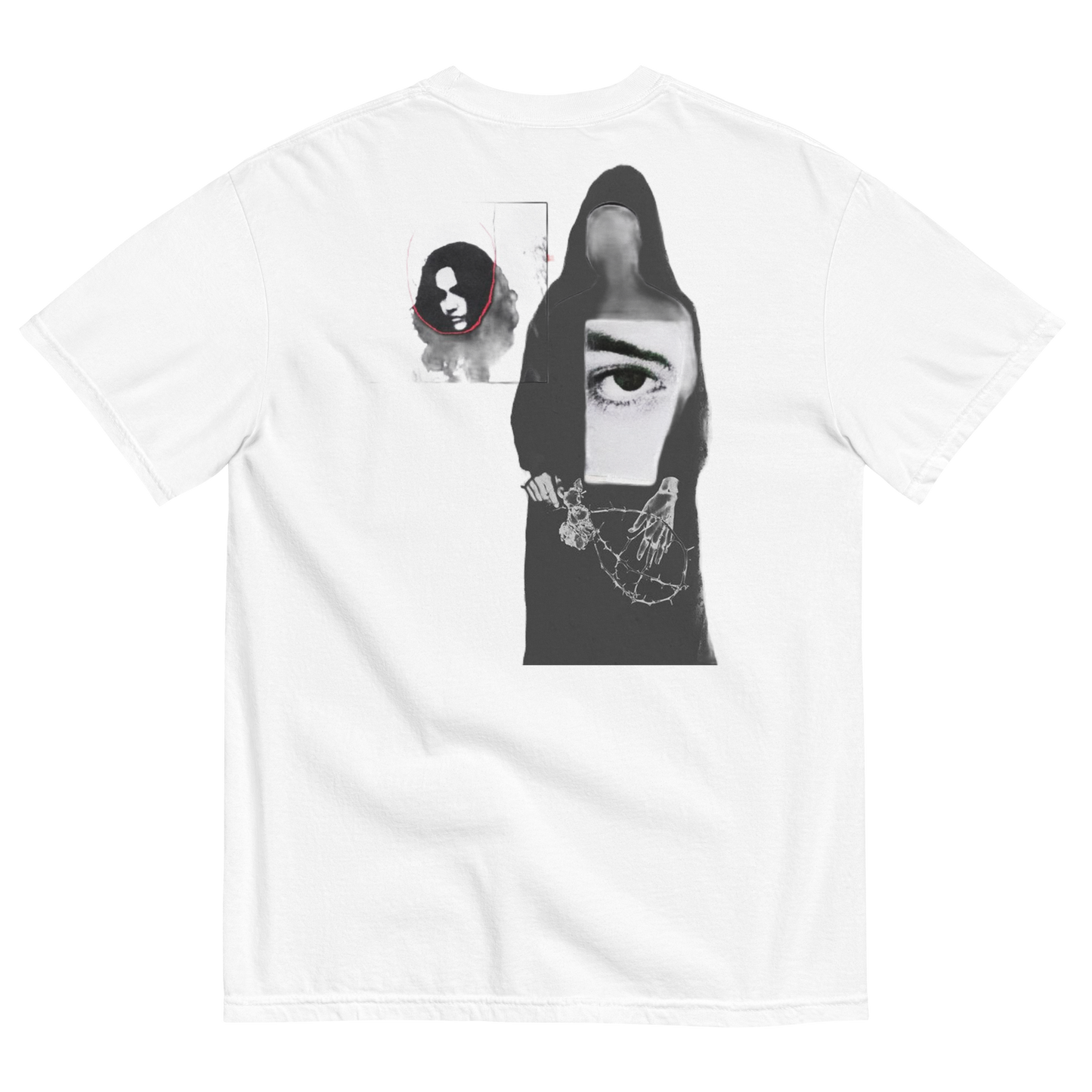 White t-shirt with abstract design of ladies with misplaced faces and black and white elements 