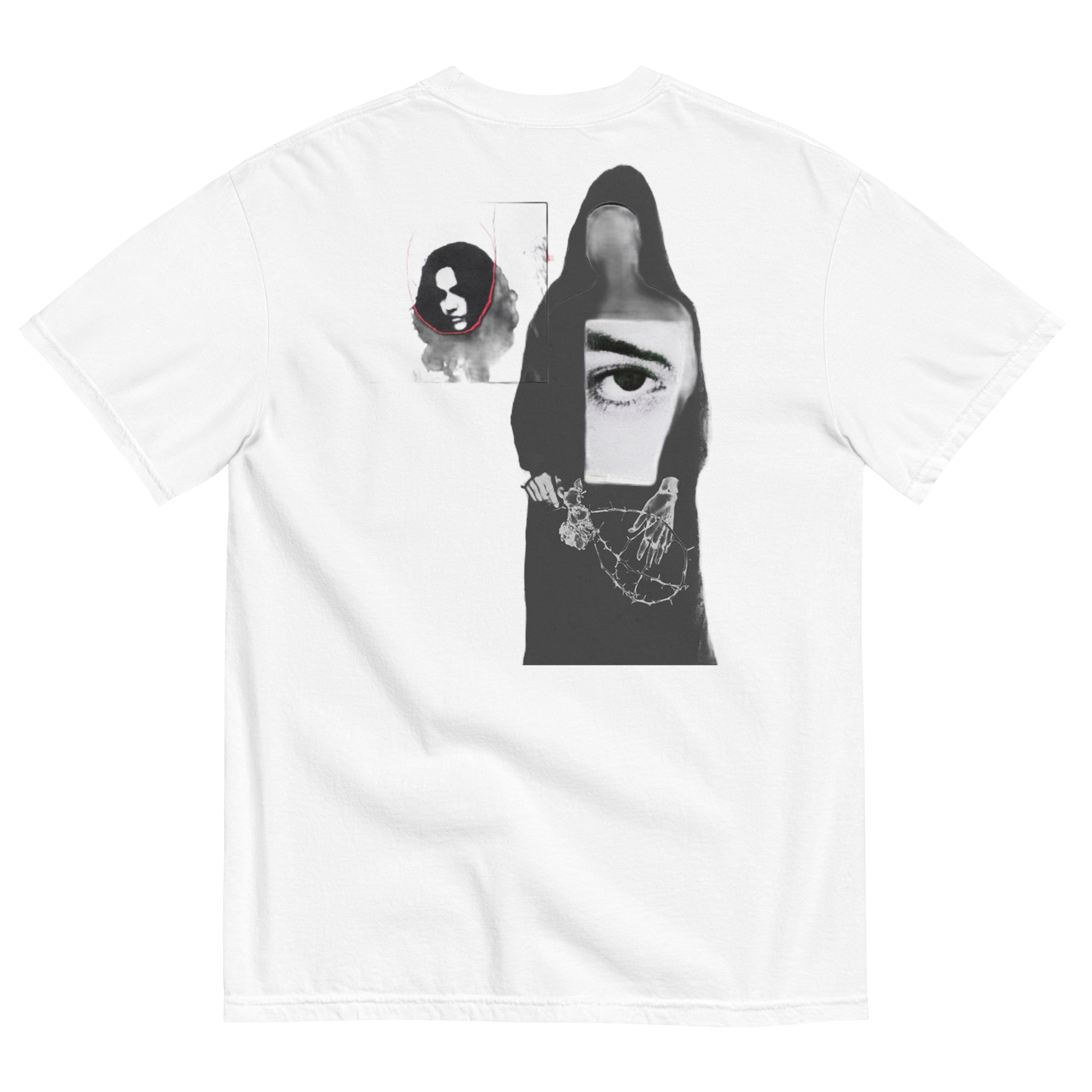 White t-shirt with abstract design of ladies with misplaced faces and black and white elements 