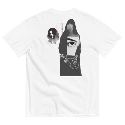 White t-shirt with abstract design of ladies with misplaced faces and black and white elements 