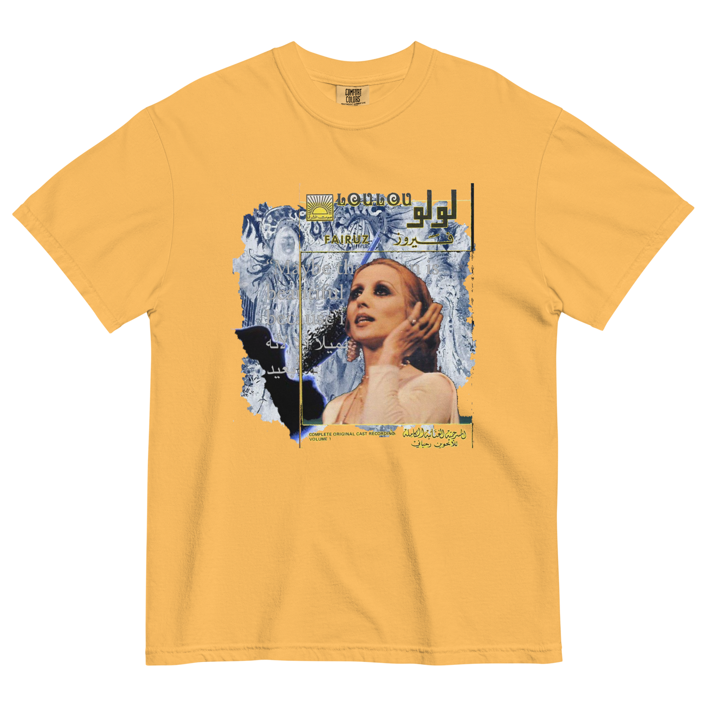 Yellow t-shirt with a surreal graphic design featuring a woman's face and abstract elements, texts all over